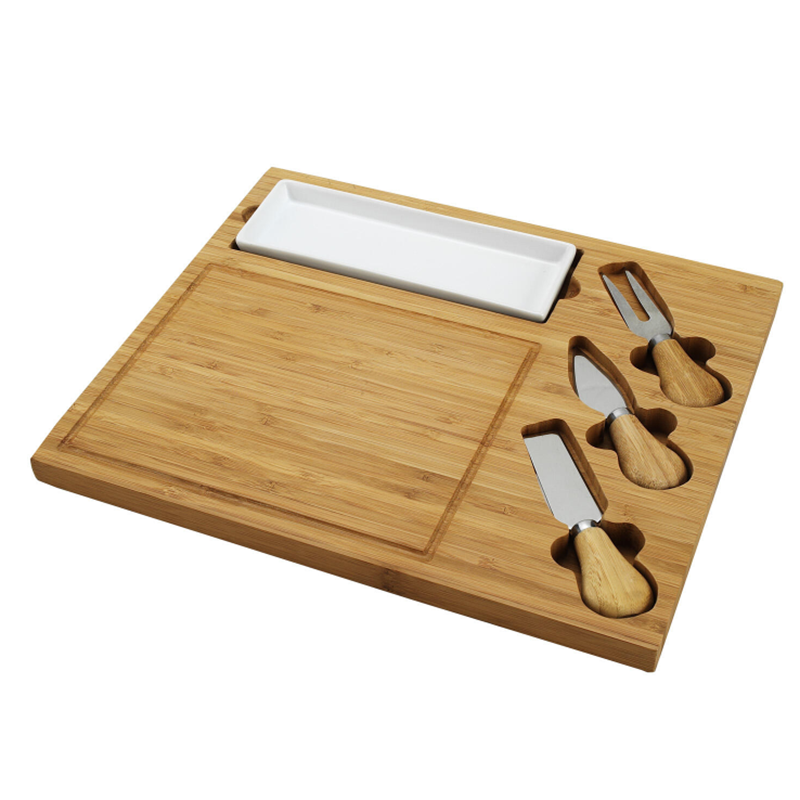 Newest Product For 2021 Bamboo Serving Dish Set with Ceramic Dish and 3 Cheese Tools