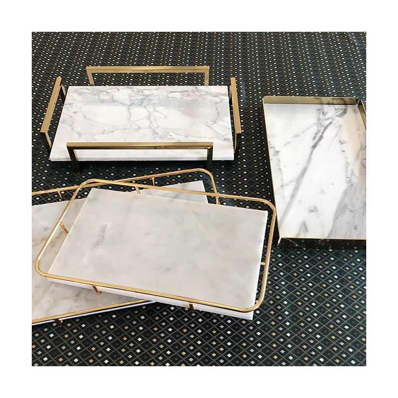 Factory Wholesale Rectangle Luxury Wedding Marble  Serving Tray With Gold Base