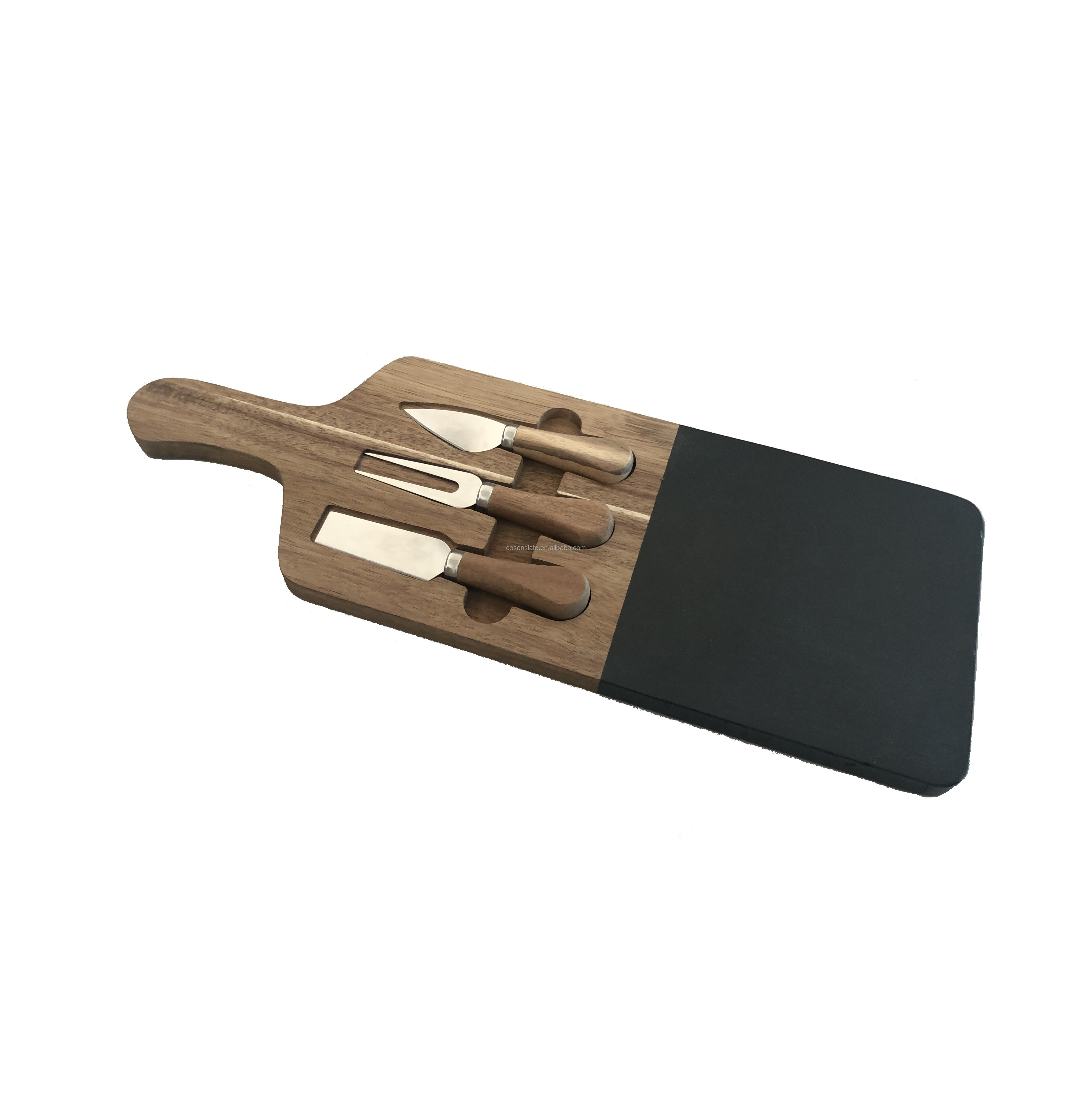 Handmade Customized Wooden Natural Black Stone Food Serving Plate with Cutting Knife Set