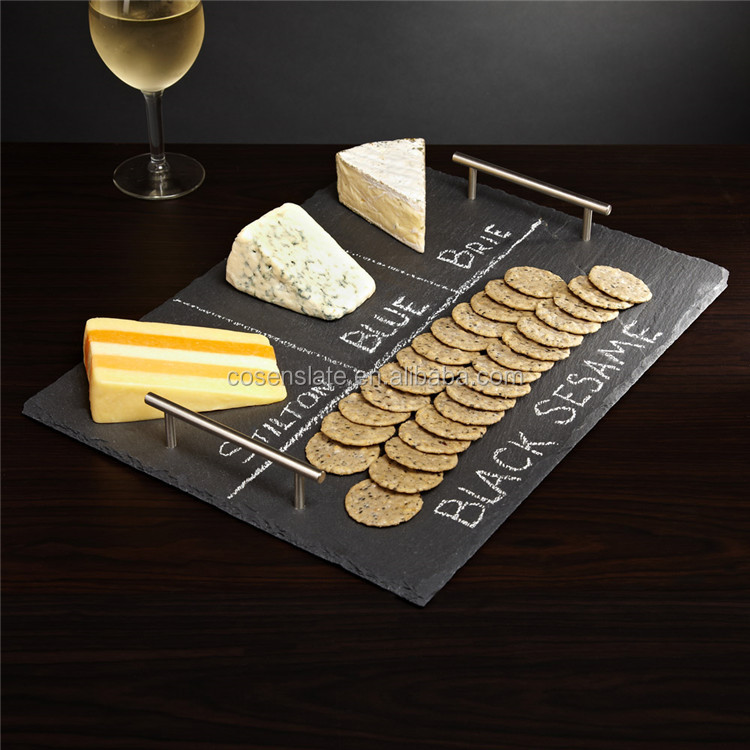 Factory wholesale  natural black slate cheese board with stainless steel handles