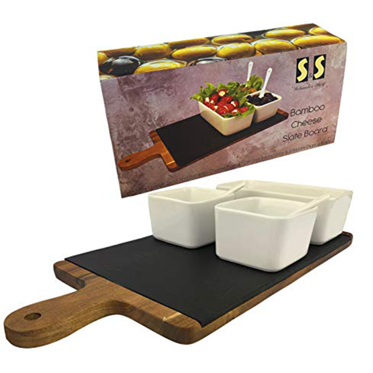 Acacia Slate Serving Board With 4pcs Ceramic Bowls And Color Box