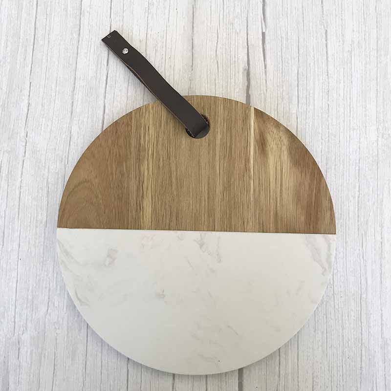 Christmas Present Food Grade Round Acacia Marble Serving Tray With leather Rope