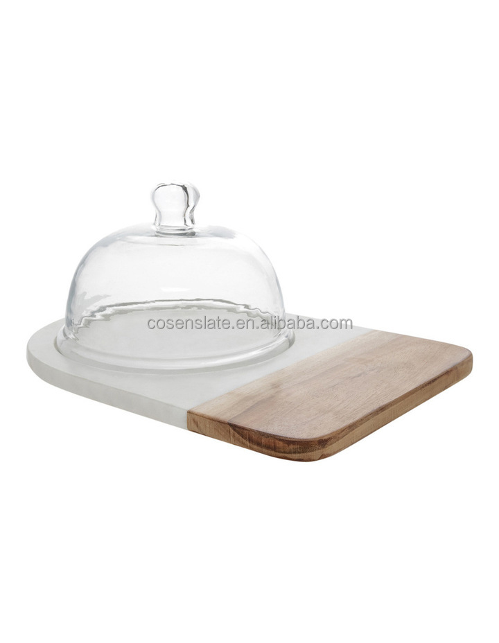 China factory wholesale custom marble and wood cheese cake stand tray with glass dome